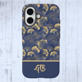 Elegante Blue Gold Ginkgo Blätter mit Name Monogra iPhone 16 Hülle