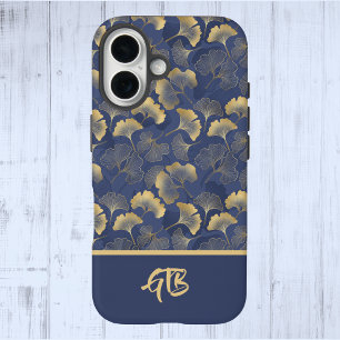 Elegante Blue Gold Ginkgo Blätter mit Name Monogra iPhone 16 Hülle