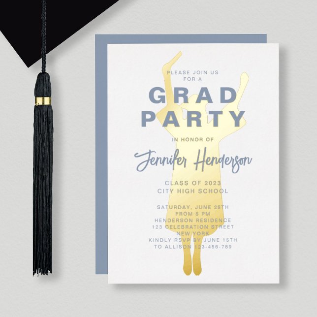 Elegante Blue Gold Graduation Party Folieneinladung (Von Creator hochgeladen)