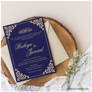 Elegante Blue Gold Islamische Hochzeit Einladung