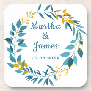 Elegante Blue Gold Leaf Personalisiert Hochzeit Getränkeuntersetzer
