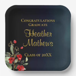 Elegante Blue Gold Red Floral Graduation Party Pappteller