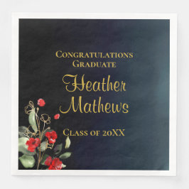 Elegante Blue Gold Red Floral Graduation Party Serviette