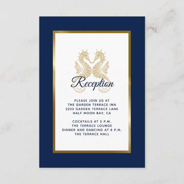 Elegante Blue Gold Seepferde Hochzeitsempfang Begleitkarte (Vorderseite)