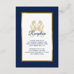 Elegante Blue Gold Seepferde Hochzeitsempfang Begleitkarte
