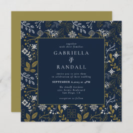 Elegante Blue Gold Silver Botanical Print Wedding Einladung