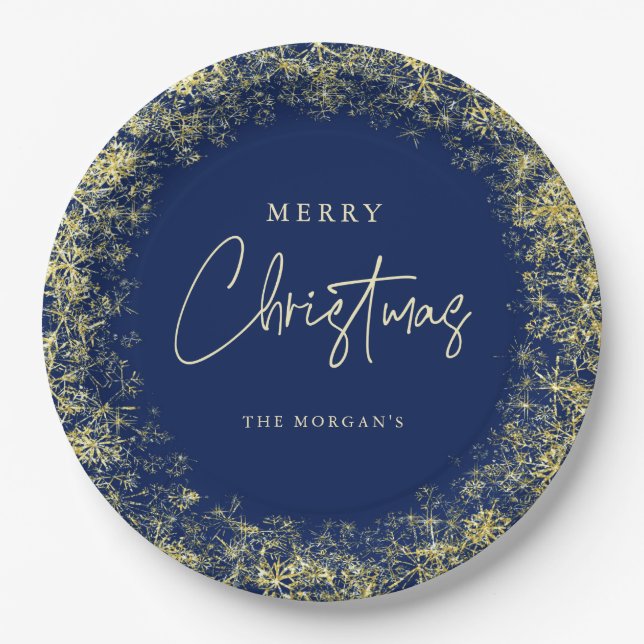 Elegante Blue Gold Snowflakes Pappteller (Vorderseite)
