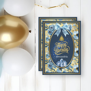 Elegante Blue Gold Watercolor Floral Geburtstagkar