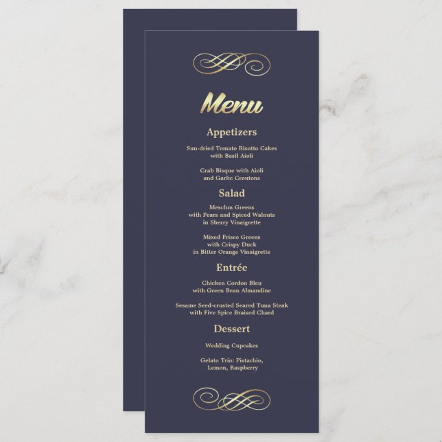 Elegante Blue Gold Wedding Menu Cards Menükarte (Vorne/Hinten)