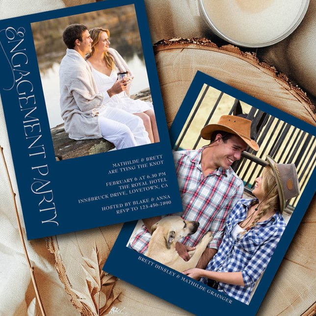 Elegante Blue Gray 2 Foto Engagement Party Einladung (Engagement Photo Invitation from the Engagement Party Invitations collection by Darling & May)