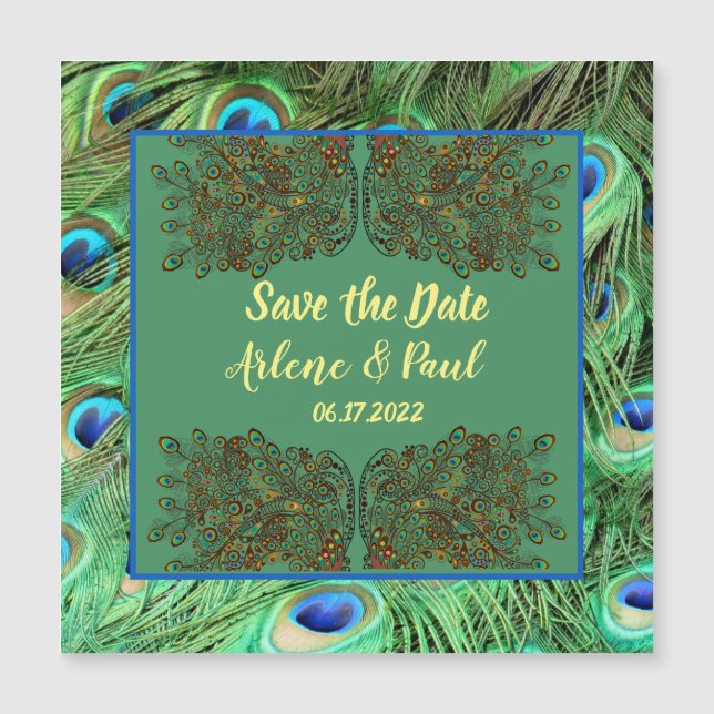 Elegante Blue Green Peacock Feather Card Magnetkarte (Vorderseite)