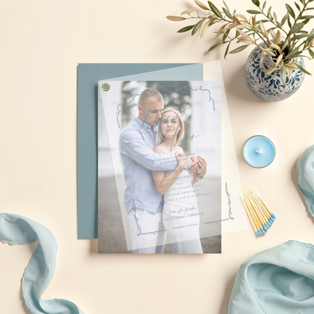 Elegante Blue Hand Drawn Bow & Ribbon Wedding (Elegant Blue Hand Drawn Bow & Ribbon Wedding Vellum Invitations)