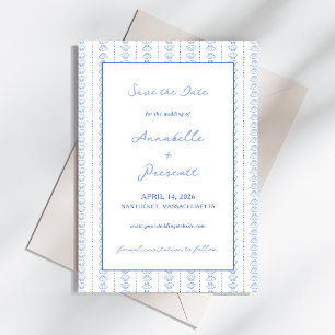 Elegante Blue Hand Drawn Seashell Coastal Hochzeit Save The Date