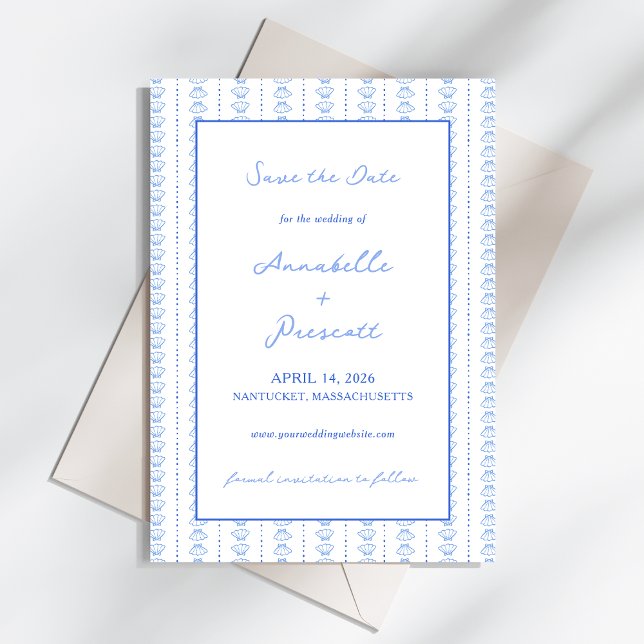 Elegante Blue Hand Drawn Seashell Coastal Hochzeit Save The Date (Von Creator hochgeladen)