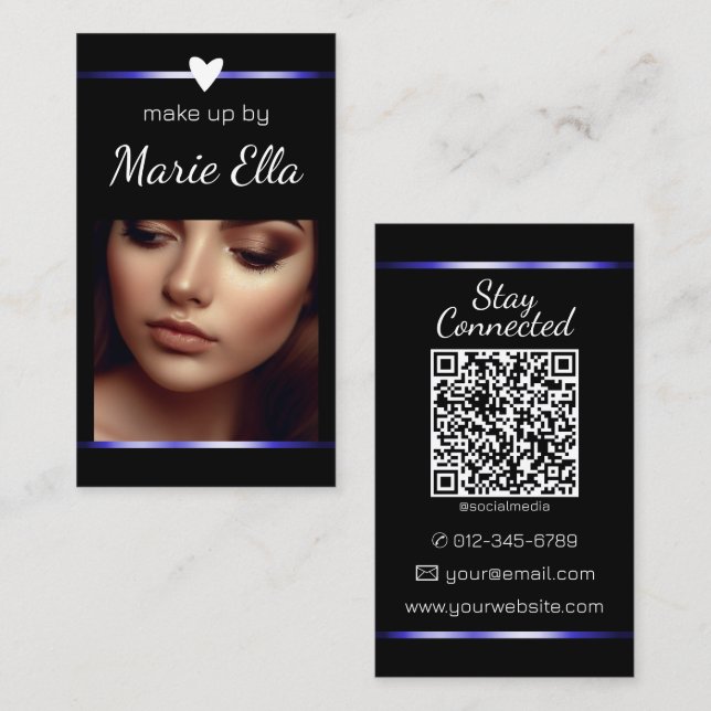 Elegante Blue Heart Foto QR-Code-Vorlage Visitenkarte (Vorne/Hinten)