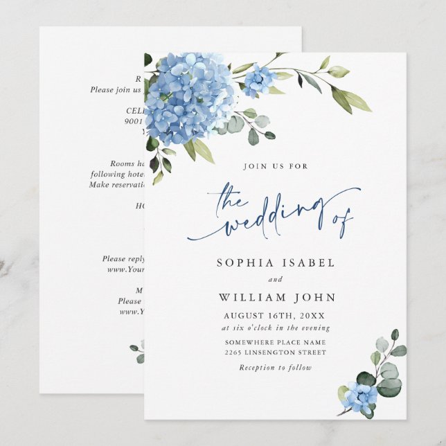 Elegante Blue Hydrangea Blumenhochzeit Einladung (Vorne/Hinten)