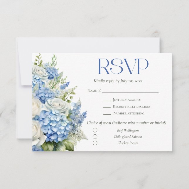 Elegante Blue Hydrangea Blumenküche Hochzeit RSVP Karte (Vorderseite)