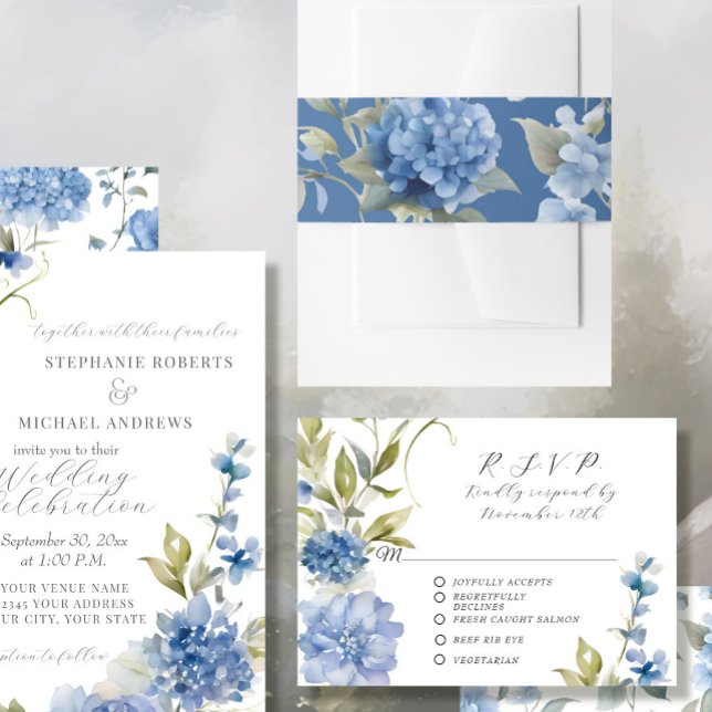 Elegante Blue Hydrangea Blumenwasser Hochzeit Einladungsbanderole (Von Creator hochgeladen)