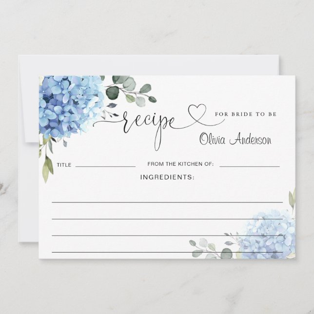 Elegante Blue Hydrangea Brautparty Rezept Card Einladung (Vorderseite)