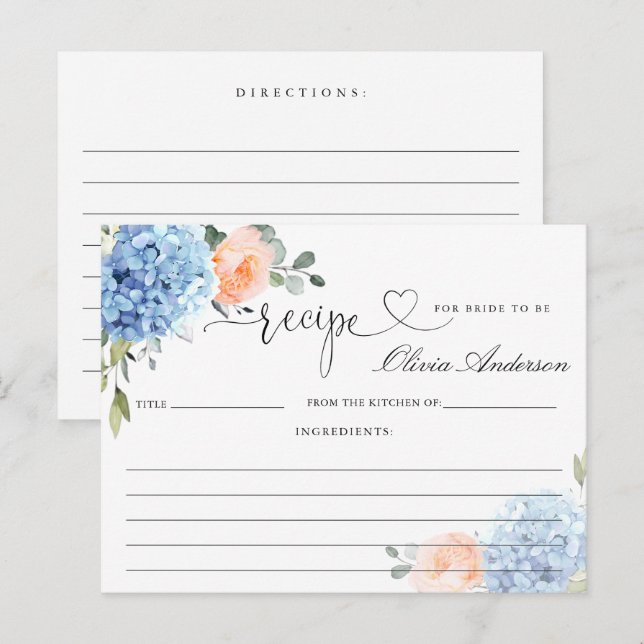Elegante Blue Hydrangea Brautparty Rezept Card Postkarte (Vorne/Hinten)