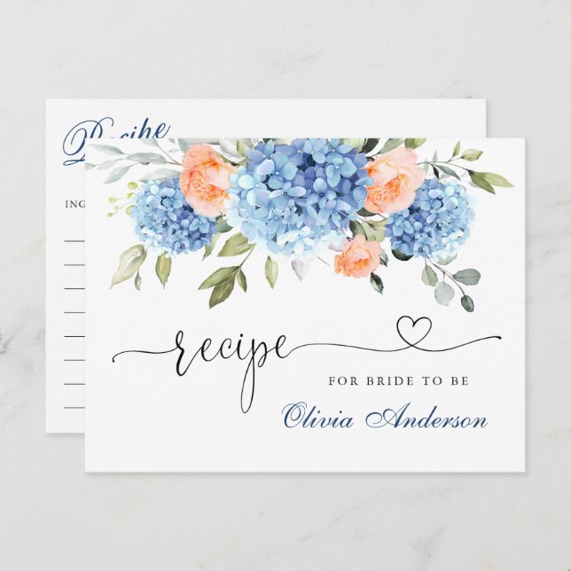 Elegante Blue Hydrangea Brautparty Rezept Card Postkarte (Vorne/Hinten)