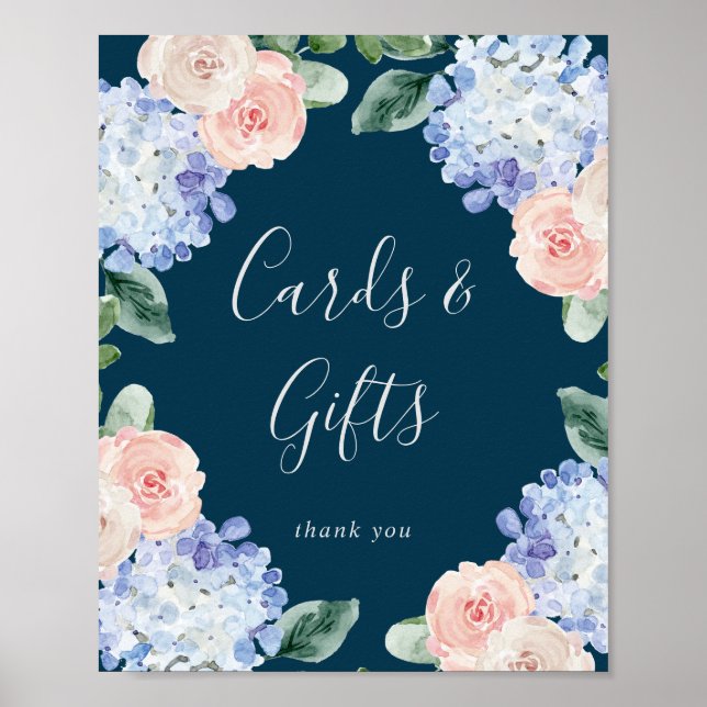 Elegante Blue Hydrangea Navy Cards und Gifts Sign Poster (Vorne)