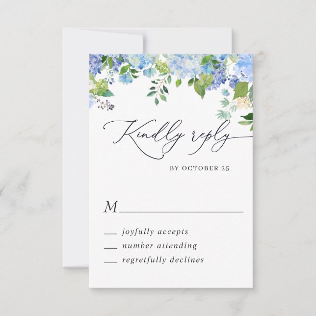 Elegante Blue Hydrangea Wassercolor Hochzeit RSVP Karte (Vorderseite)