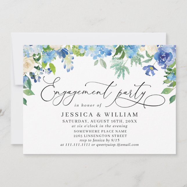 Elegante Blue Hydrangea Watercolor ENGAGEMENT PART Einladung (Vorderseite)