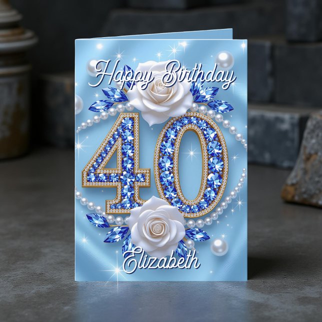 Elegante Blue Jewels und Perlen 40. Geburtstag Karte (Von Creator hochgeladen)
