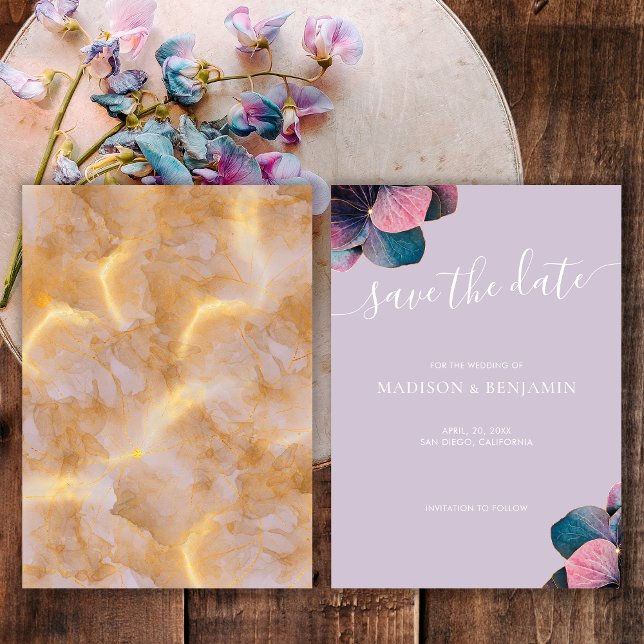 Elegante Blue Lavender Lila Hydrangeas Save The Date (Front and Back)