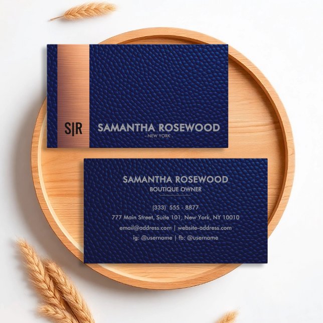 Elegante Blue Leather & Rose Gold Business Card Visitenkarte (Von Creator hochgeladen)