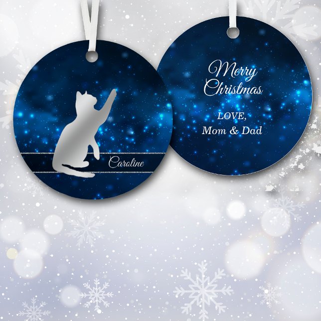 Elegante Blue Lights Silhouette Silver Playful Cat Ornament Aus Metall (Von Creator hochgeladen)