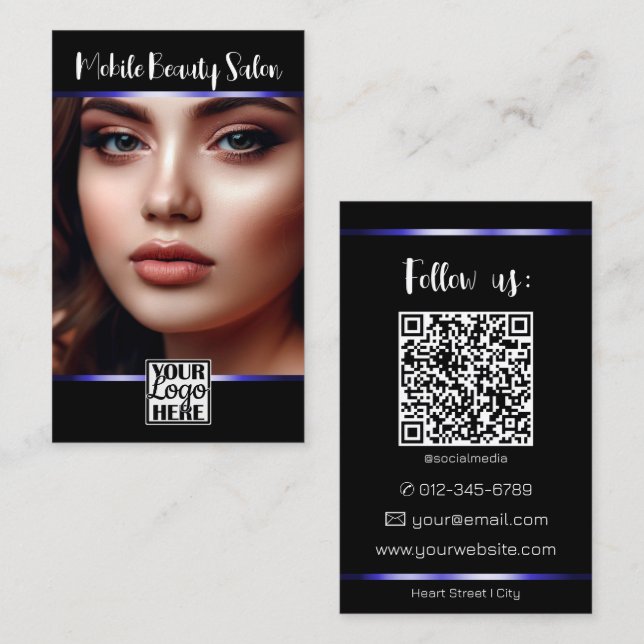 Elegante Blue Logo Foto QR-Code-Vorlage Visitenkarte (Vorne/Hinten)