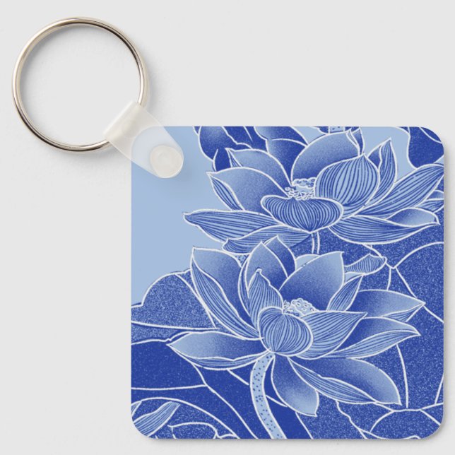 Elegante Blue Lotus Blume Mandala Chinoiserie Schlüsselanhänger (Vorderseite)