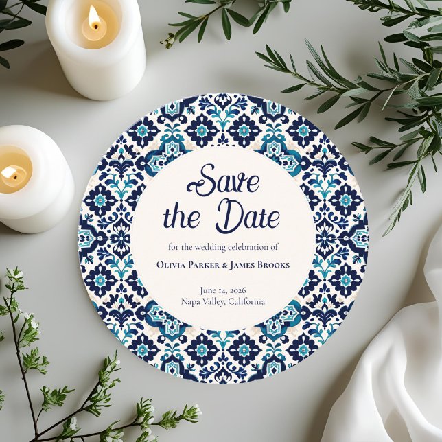 Elegante Blue Mediterrane Tile Save the Date Karte (Von Creator hochgeladen)