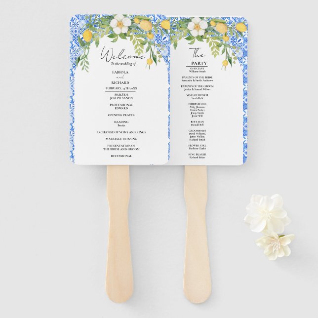 Elegante Blue Mediterranean Wedding Program Card Fächer (Vorne und Hinten)