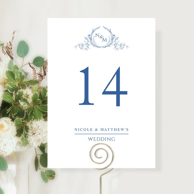 Elegante Blue Mit Monogramm Wedding Tischnummer (Von Creator hochgeladen)
