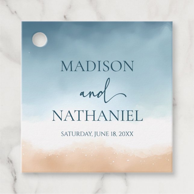 Elegante Blue Ocean Beach Shore Sand Wedding Geschenkanhänger (Vorderseite)