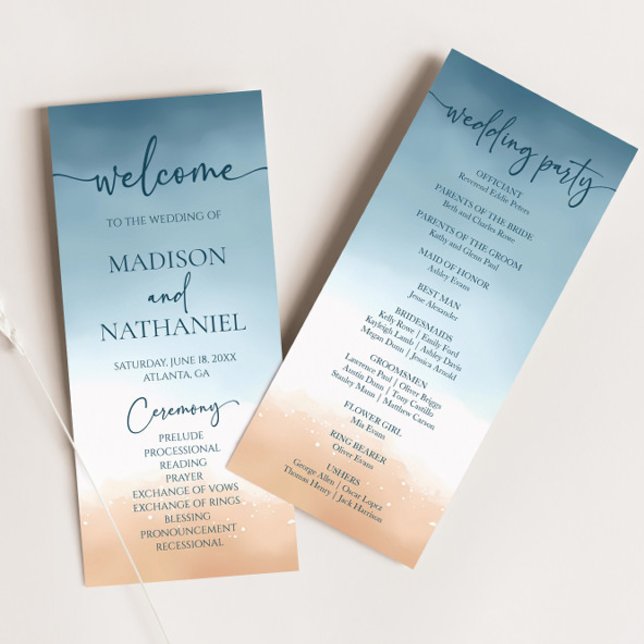 Elegante Blue Ocean Beach Shore Sand Wedding Programm (Von Creator hochgeladen)