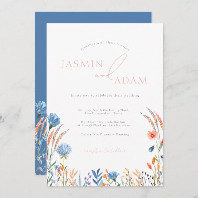 Elegante Blue & Orange Wildblumen Hochzeit Einladung (Vorne/Hinten)