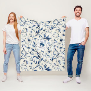Elegante Blue Paisley Blätter - Weißer Hintergrund Fleecedecke