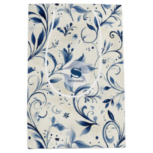 Elegante Blue Paisley Blätter - Weißer Hintergrund Mittlere Geschenktüte