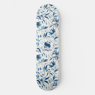 Elegante Blue Paisley Blätter - Weißer Hintergrund Skateboard