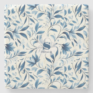 Elegante Blue Paisley Blätter - Weißer Hintergrund Steinuntersetzer