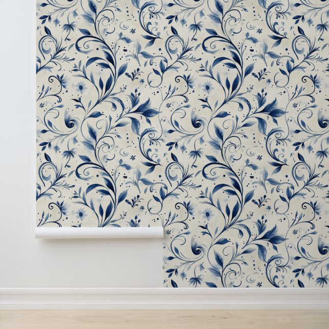 Elegante Blue Paisley Blätter - Weißer Hintergrund Tapete (Anwendung)