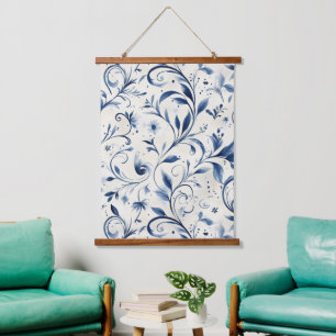 Elegante Blue Paisley Blätter - Weißer Hintergrund Wandteppich Mit Holzrahmen
