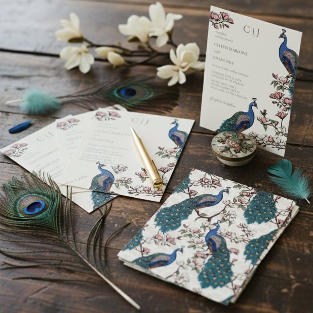 Elegante Blue Peacock and Magnolia Blume Hochzeit Einladung (Elegant Floral Peacock Wedding Invitations in Ivory. Chic Pattern of Peafowl Birds & Magnolia Flower)
