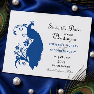 Elegante Blue Peacock Flat Save the Date Card
