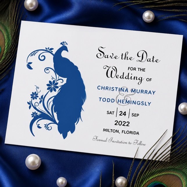 Elegante Blue Peacock Flat Save the Date Card (Von Creator hochgeladen)
