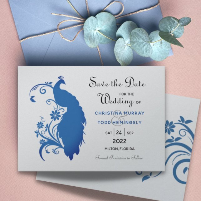Elegante Blue Peacock Flat Save the Date Card (Von Creator hochgeladen)